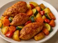 Soczyste kawałki indyka z airfryer, podane z pieczonymi ziemniakami, marchewką, cukinią i papryką.