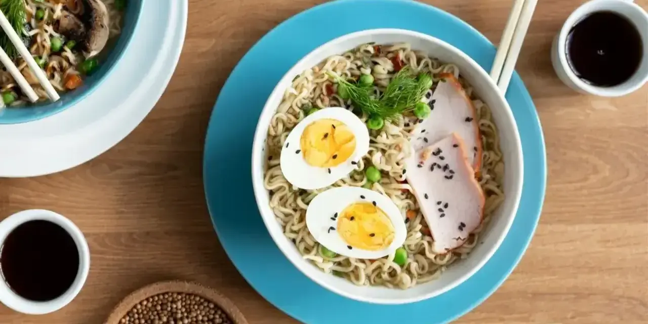 Miseczka tantanmen z makaronem, jajkiem, plastrami mięsa i zielonym koperkiem, obok sos sojowy i przyprawy.