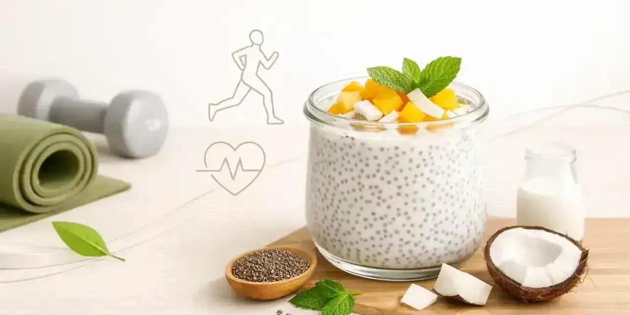 Zdrowy deser z chia z jogurtem, mango i kokosem. Obok leżą hantle i mata do ćwiczeń, symbolizujące aktywny tryb życia.