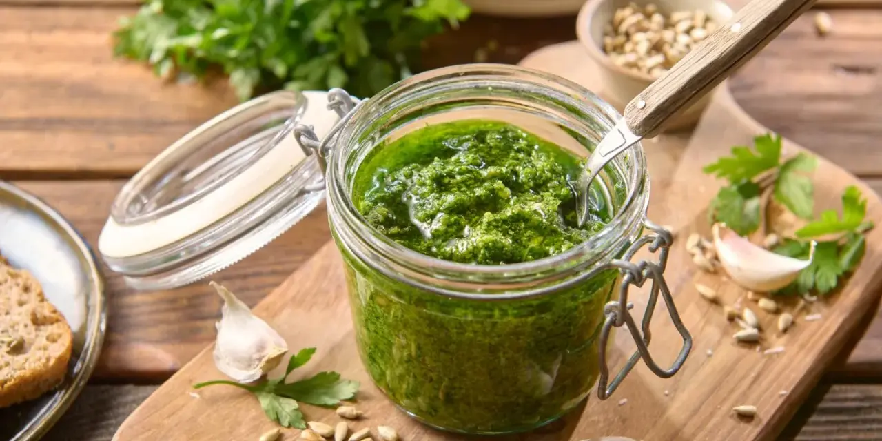 Słoik domowego pesto z pietruszki, z czosnkiem, nasionami słonecznika i serem w tle. Idealne do makaronu lub na grzanki.