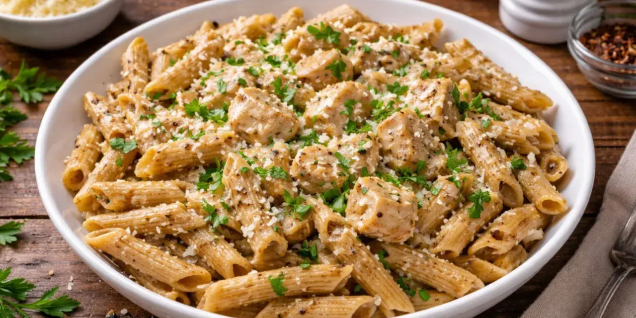 Pyszne danie z makaronem pełnoziarnistym penne, kawałkami kurczaka i parmezanem, posypane świeżą natką pietruszki.