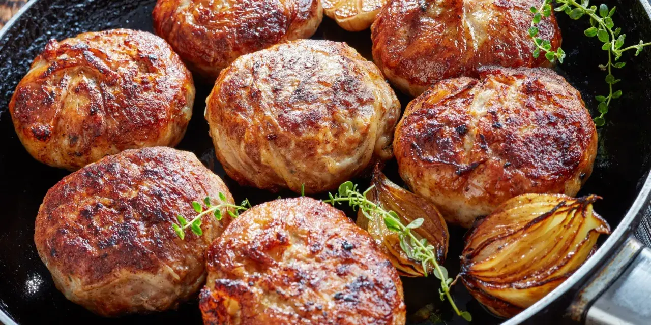 Usmażone kotlety na burgera z cebulą i ziołami na patelni.