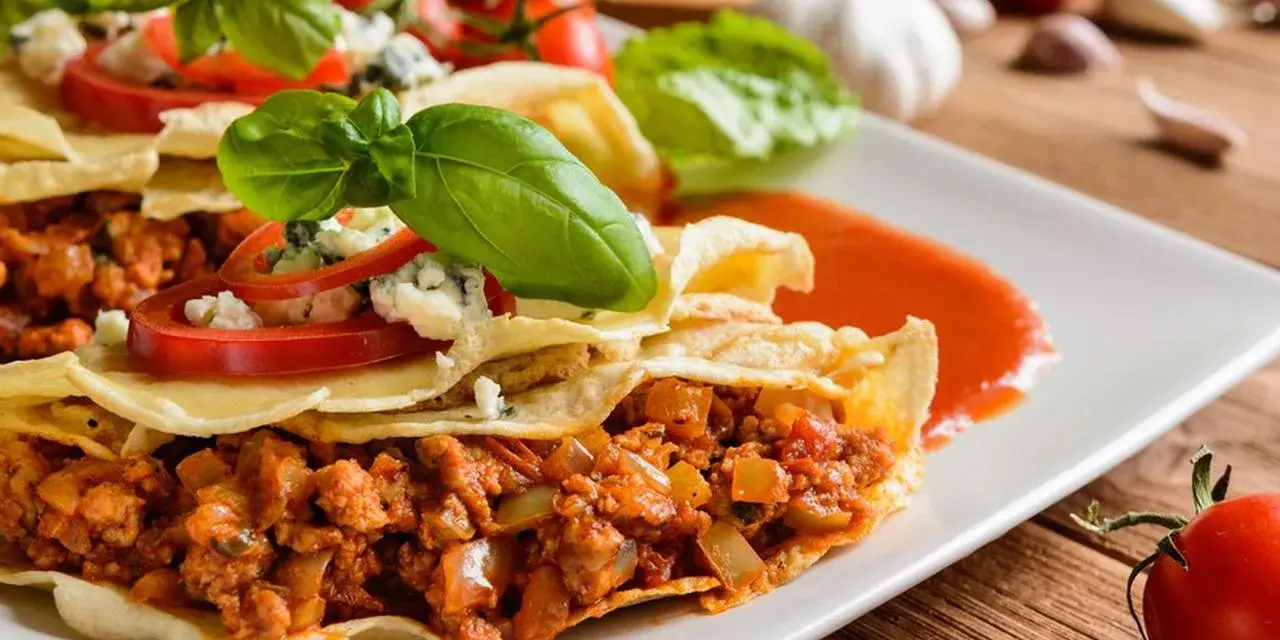 Pyszna tortilla z mięsem mielonym, polana sosem pomidorowym, ozdobiona bazylią i serem pleśniowym.