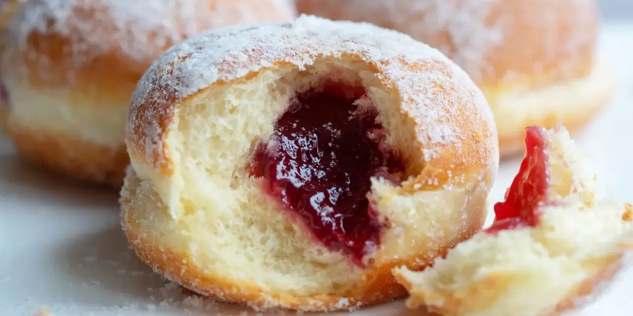 Pączki z dżemem posypane cukrem pudrem, jeden nadgryziony.