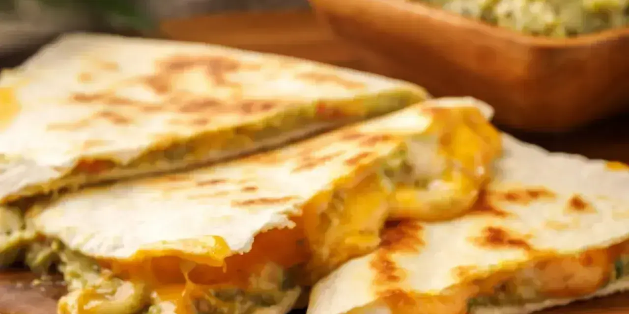 Pyszne quesadillas z serem i awokado, idealne na kolację. Obok miseczka guacamole.
