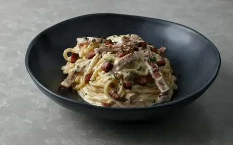 Pyszne spaghetti carbonara, jeden z klasycznych makaronów, podane w ciemnej misce, posypane natką pietruszki i kawałkami boczku.