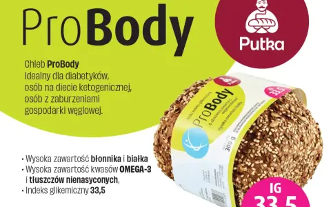 Chleb ProBody z niskim indeksem glikemicznym 33,5, bogaty w błonnik i białko, idealny dla diabetyków.