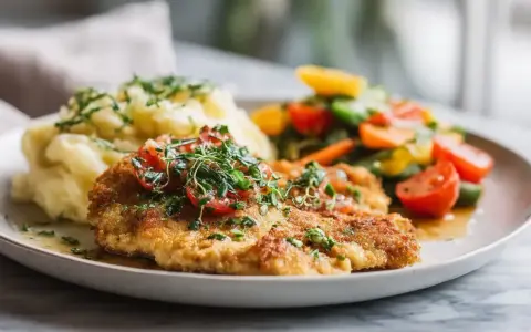 Chrupiący sznycel z indyka z pomidorkami i ziołami, podany z purée ziemniaczanym i warzywami.