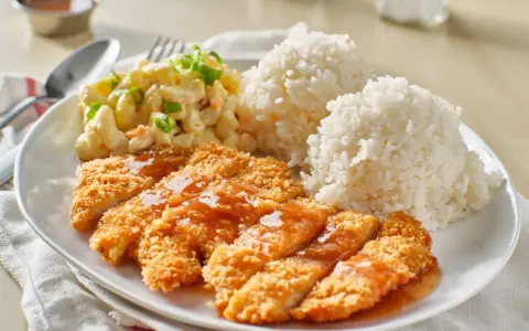 Chrupiący kurczak w panko polany sosem, podany z ryżem i sałatką makaronową. Pyszny obiad gotowy!