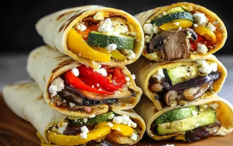 Pyszna tortilla z airfryer wypełniona grillowanymi warzywami: cukinią, papryką, bakłażanem i grzybami, posypana fetą.