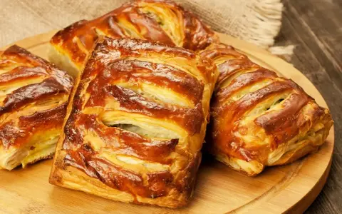 Kilka pysznych, pieczonych ciast francuskich z nadzieniem, ułożonych na drewnianej desce.