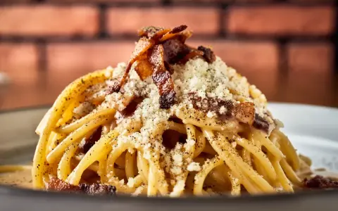Pyszny makaron włoski carbonara z chrupiącym boczkiem i parmezanem, posypany świeżo mielonym pieprzem.