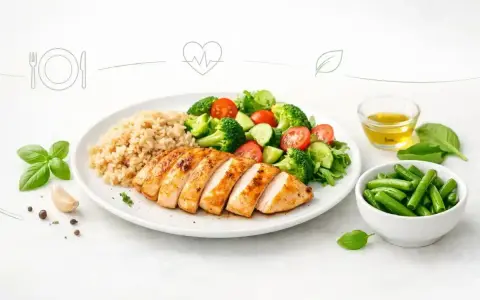Pyszny filet z kurczaka na obiad inaczej: soczyste mięso, brązowy ryż, świeża sałatka z brokułów i pomidorków, fasolka szparagowa.