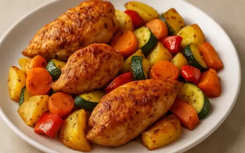 Soczyste kawałki indyka z airfryer, podane z pieczonymi ziemniakami, marchewką, cukinią i papryką.