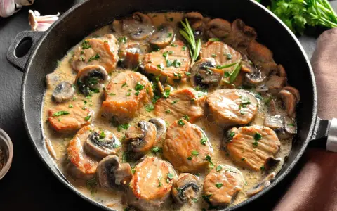 Soczysty schab w sosie pieczarkowym, udekorowany natką pietruszki, podany w żeliwnej patelni. Aromatyczne danie, które zachwyca smakiem.