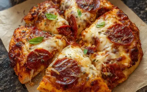 Pyszna pizza pepperoni z ciągnącym się serem, przygotowana w **air fryerze**. Idealna na szybki lunch.