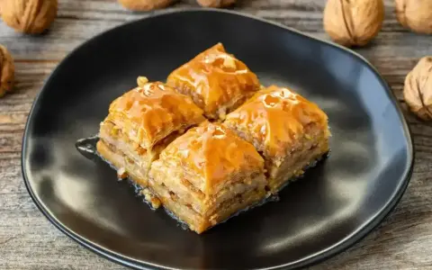 Słodka baklawa na czarnym talerzu, idealna do domowego przepisu. Orzechy włoskie w tle.