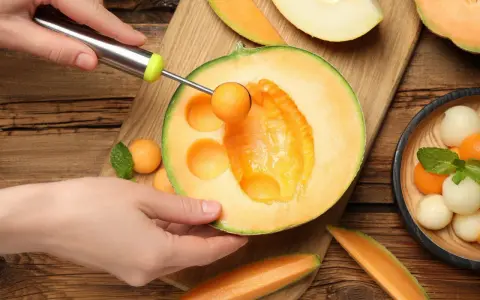 Ręka wydrąża kulki z melona, pokazując jego soczysty miąższ. Idealna przekąska, która ma mało kcal.