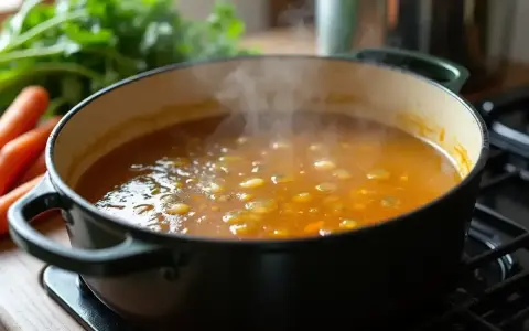 Gorący bulion warzywny bulgocze w garnku, unosząc parę. Obok leżą marchewki i zielona natka.