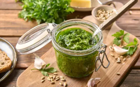 Słoik domowego pesto z pietruszki, z czosnkiem, nasionami słonecznika i serem w tle. Idealne do makaronu lub na grzanki.