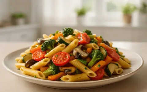 Penne z brokułami, pomidorkami, cukinią i pieczarkami. Pyszny makaron z warzywami na talerzu.