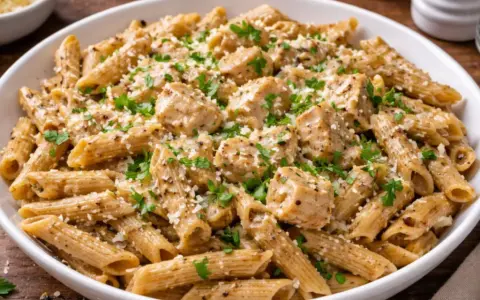Pyszne danie z makaronem pełnoziarnistym penne, kawałkami kurczaka i parmezanem, posypane świeżą natką pietruszki.