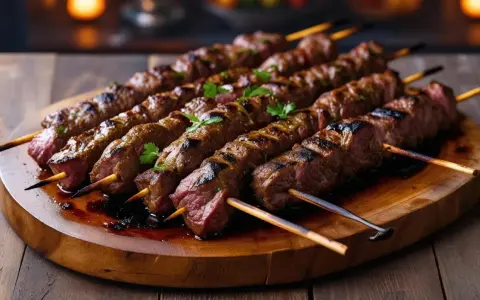 Siedem soczystych szaszłyków z grillowanego mięsa, ozdobionych natką pietruszki, tworzy prawdziwy kebab na drewnianej desce.