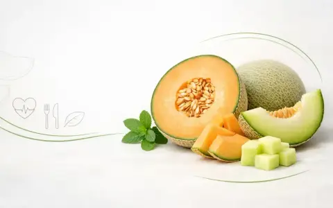 Melon właściwości: soczysty melon kantalupa, pokrojony w plastry i kostki, z listkami mięty. Obok cały melon i plaster zielonego melona.