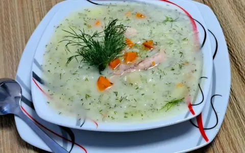 Aromatyczna zupa koperkowa z ryżem, kawałkami kurczaka i marchewką, udekorowana gałązką koperku.