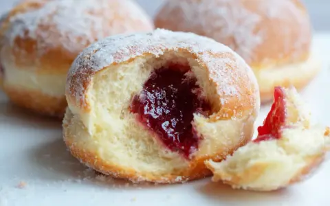 Pączki z dżemem posypane cukrem pudrem, jeden nadgryziony.
