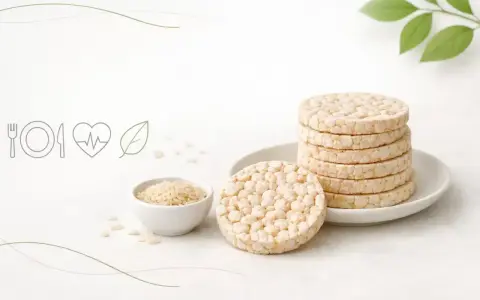 Stos wafli ryżowych z miseczką ryżu. Idealne na zdrową przekąskę, niskokaloryczne wafle ryżowe kcal.
