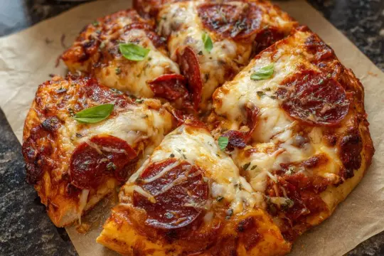 Pyszna pizza pepperoni z ciągnącym się serem, przygotowana w **air fryerze**. Idealna na szybki lunch.