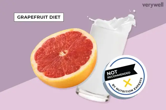 Połówka grejpfruta obok szklanki mleka, z napisem "Grapefruit Diet" i odznaką "Not Recommended by Nutrition Experts".