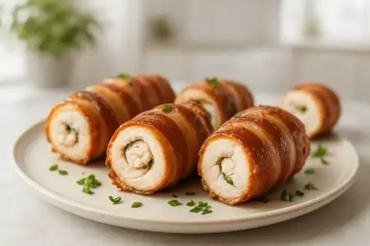 Soczyste roladki z kurczaka z piekarnika, zawinięte w chrupiący boczek, posypane natką pietruszki.