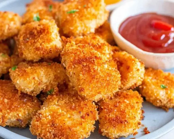 Chrupiące nuggetsy z airfryer, idealne do maczania w ketchupie. Pyszna i zdrowa przekąska.