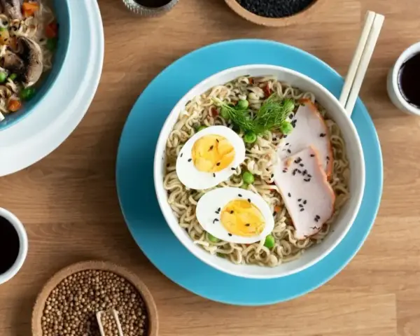 Miseczka tantanmen z makaronem, jajkiem, plastrami mięsa i zielonym koperkiem, obok sos sojowy i przyprawy.