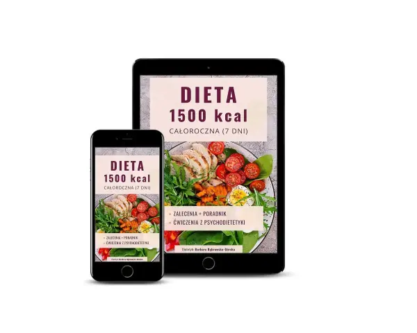 Na ekranach telefonu i tabletu widoczna jest dieta 1500 kcal. Zawiera zalecenia, porady i ćwiczenia z psychodietetyki.