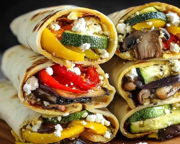 Pyszna tortilla z airfryer wypełniona grillowanymi warzywami: cukinią, papryką, bakłażanem i grzybami, posypana fetą.
