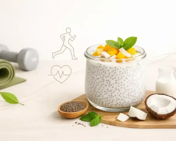 Zdrowy deser z chia z jogurtem, mango i kokosem. Obok leżą hantle i mata do ćwiczeń, symbolizujące aktywny tryb życia.
