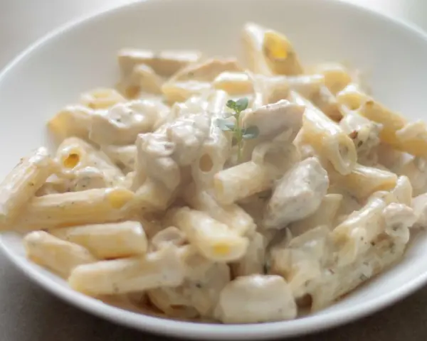 Penne z kurczakiem w kremowym sosie śmietanowo-serowym, udekorowane gałązką ziół. Pyszne danie obiadowe.