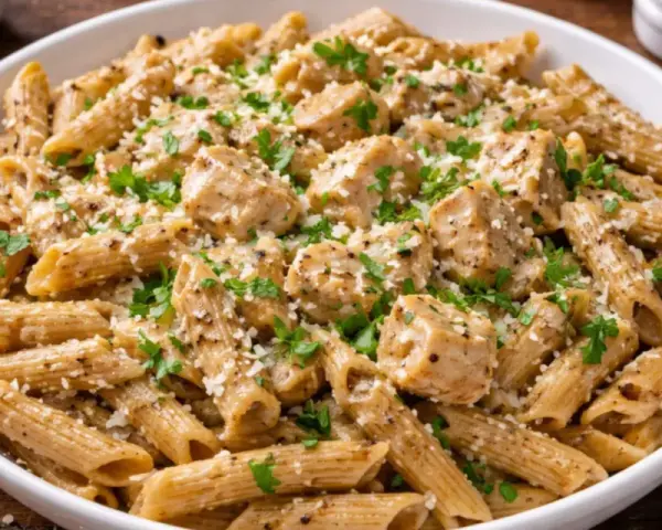 Pyszne danie z makaronem pełnoziarnistym penne, kawałkami kurczaka i parmezanem, posypane świeżą natką pietruszki.