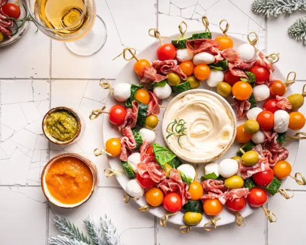 Kolorowe szaszłyki z pomidorkami, mozzarellą, salami i oliwkami – idealne finger food na imprezę.