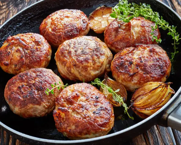 Usmażone kotlety na burgera z cebulą i ziołami na patelni.