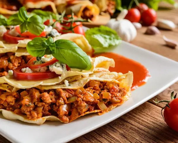 Pyszna tortilla z mięsem mielonym, polana sosem pomidorowym, ozdobiona bazylią i serem pleśniowym.