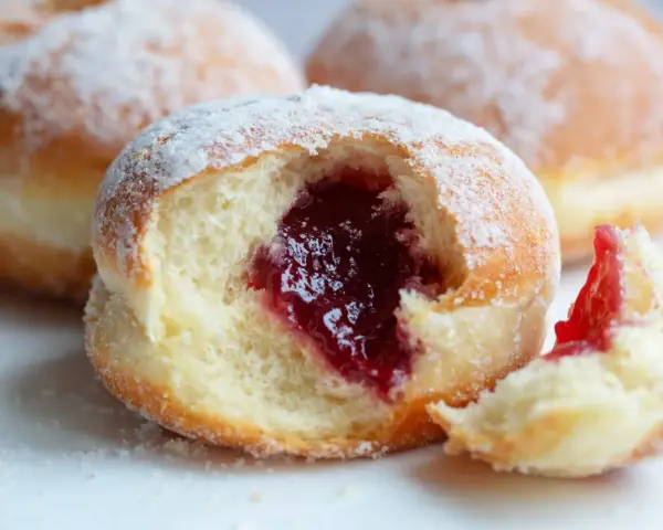 Pączki z dżemem posypane cukrem pudrem, jeden nadgryziony.