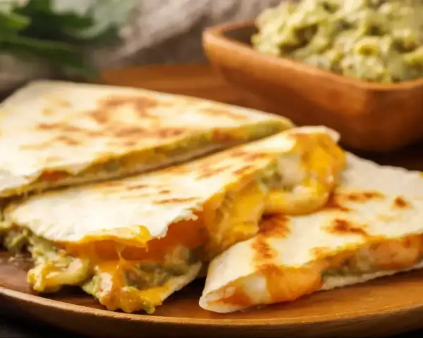 Pyszne quesadillas z serem i awokado, idealne na kolację. Obok miseczka guacamole.