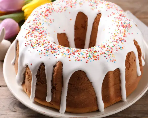 Babka z lukrem i kolorową posypką, ozdobiona wielkanocnymi zajączkami i pisankami, gotowa na święta.