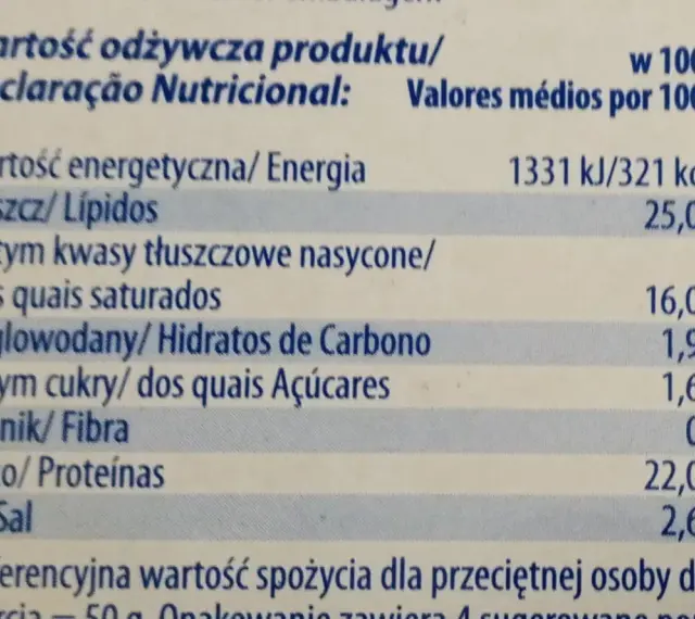 Tabela wartości odżywczych sera halloumi: 321 kcal, 25g tłuszczu, 1,6g cukru, 22g białka na 100g.