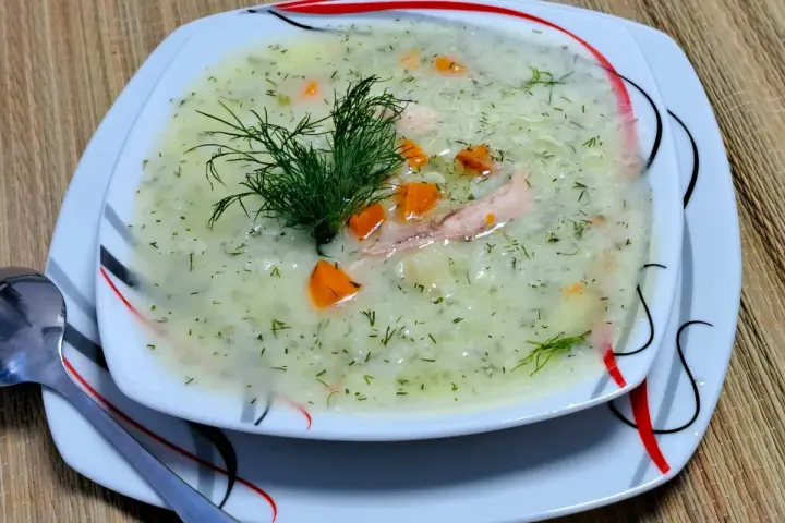 Aromatyczna zupa koperkowa z ryżem, kawałkami kurczaka i marchewką, udekorowana gałązką koperku.
