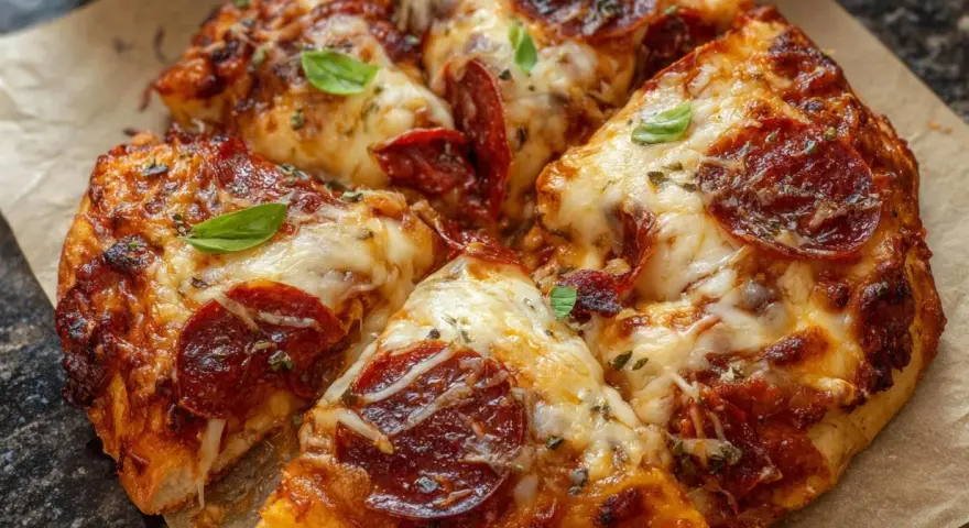 Pyszna pizza pepperoni z ciągnącym się serem, przygotowana w **air fryerze**. Idealna na szybki lunch.